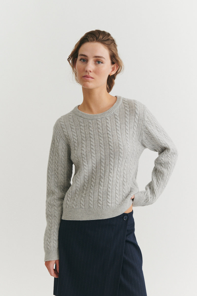 Basic Apparel Selem Cable O-Neck Sweaters 318 Light Grey Mel.